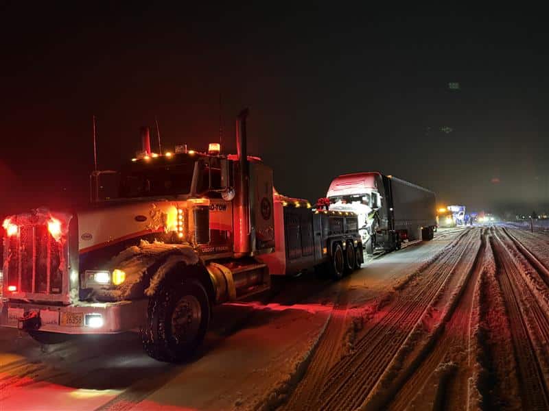Snowy Semi-Truck Accident Response on I-90, Spokane, Washington